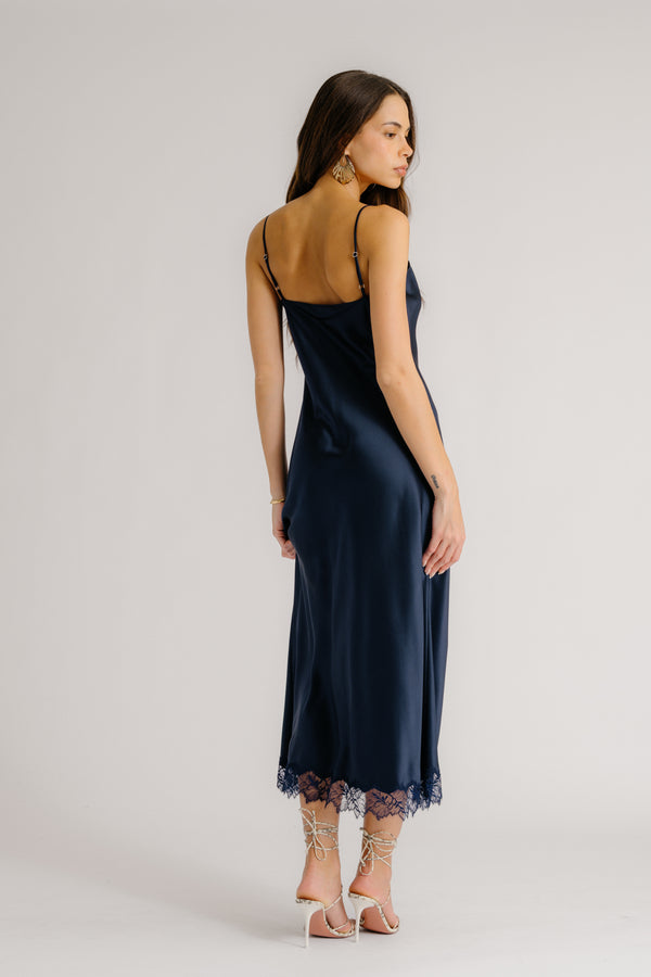 Sablyn TAYLOR V-NECK BIAS CUT SILK DRESS W/ LACE | MIDNIGHT NAVY