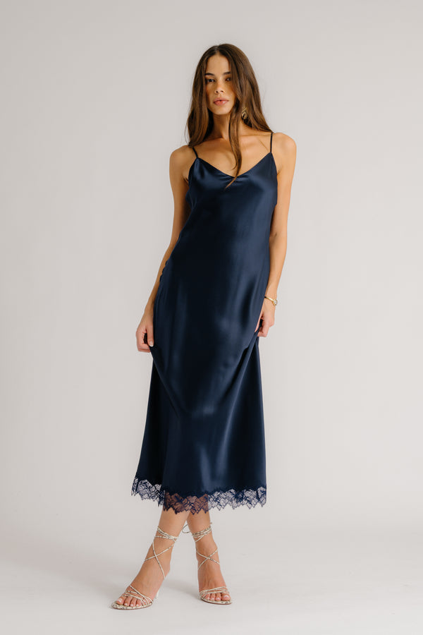 sablyn TAYLOR V-NECK BIAS CUT SILK DRESS W/ LACE | MIDNIGHT NAVY