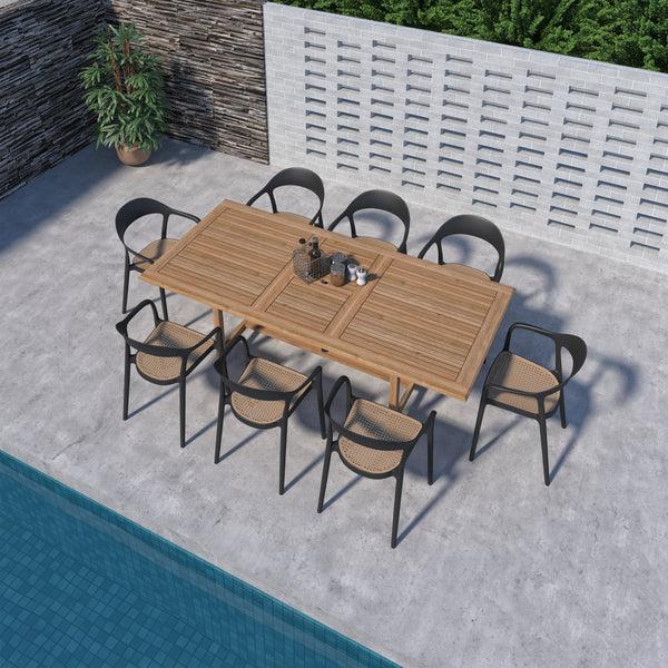 Safavieh Amazonia Port Bayahibe 9-Piece Outdoor Dining Set | International Home Miami - DIANRECT_8_CARA_BK