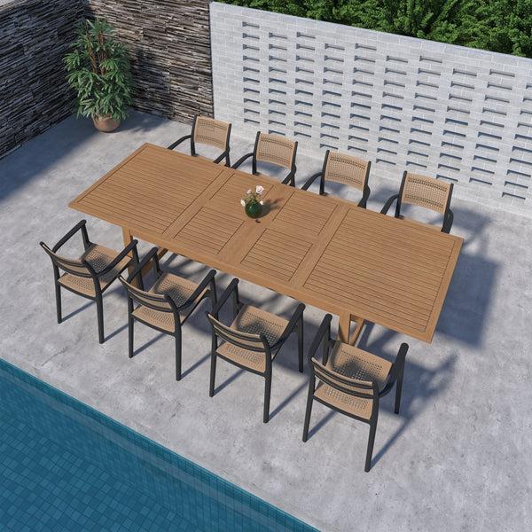 Safavieh Amazonia Porto Coralina 9-Piece Outdoor Dining Set | International Home Miami - LEYLOT_8_ARU BK