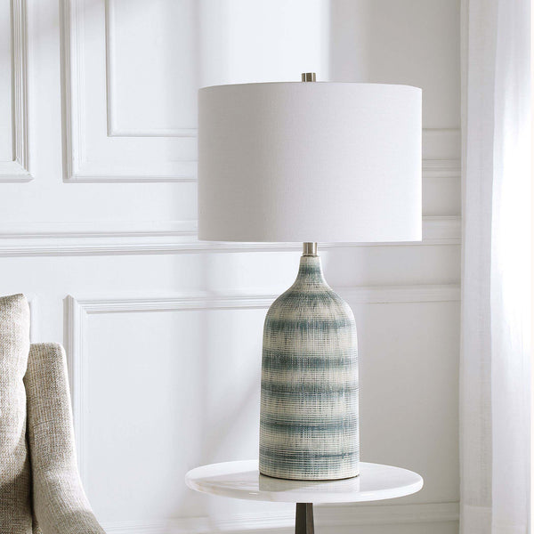 Safavieh Home Decor Textured Ceramic Table Lamp With A Mixture Of Blue And White Asymmetrical Stripes