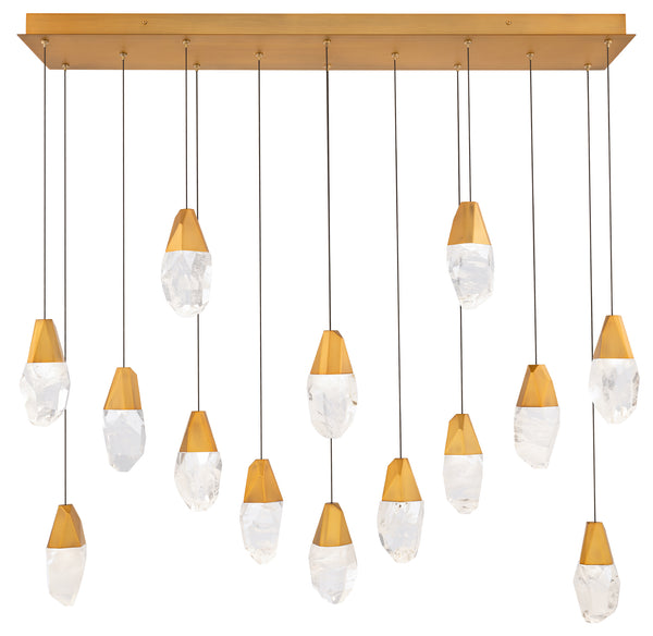 safavieh Martini 14 Multi-Light Pendant (Linear Canopy) in Aged Brass with Clear Optic Crystal | Schonbek - BPD20214LO-AB