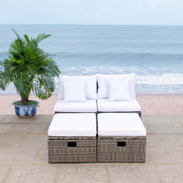 Safavieh Safavieh Pramla Outdoor Settee With Ottoman- Grey Brown / White (Set Of 2)