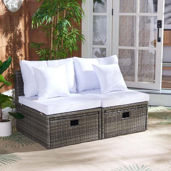 Safavieh Safavieh Pramla Outdoor Settee With Ottoman- Grey Brown / White (Set Of 2)
