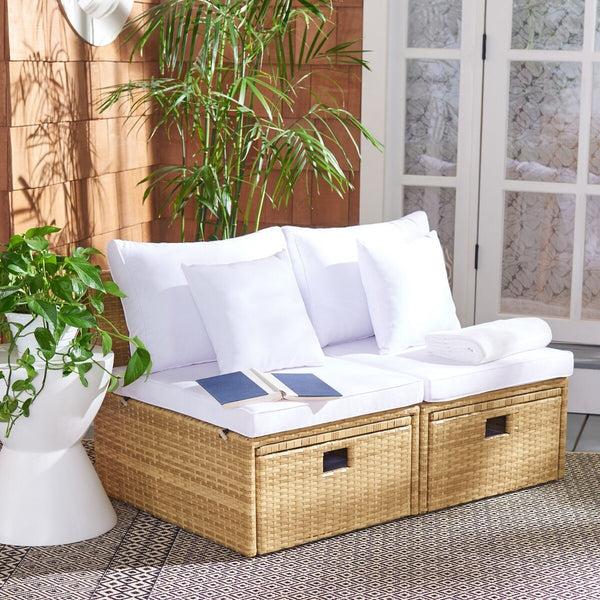 Safavieh Safavieh Pramla Outdoor Settee With Ottoman - Natural / White (Set Of 2)