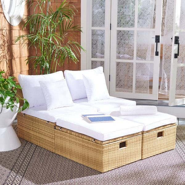 Safavieh Safavieh Pramla Outdoor Settee With Ottoman - Natural / White (Set Of 2)