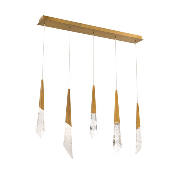 safavieh Solitude 5 Multi-Light Pendant (Linear Canopy) in Aged Brass with Optic Haze Quartz | Schonbek - BPD31405L-AB