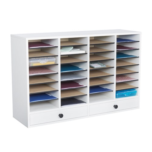 safco Wood Adjustable Literature Organizer 32 Compartment w. Drawer