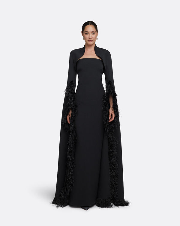 safiyaa Amari Black Feather-Trimmed Bolero & Soshin Dress