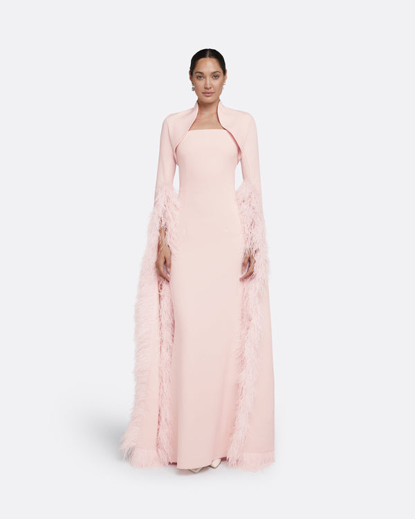 safiyaa Amari Pale Pink Feather-Trimmed Bolero With Soshin Dress