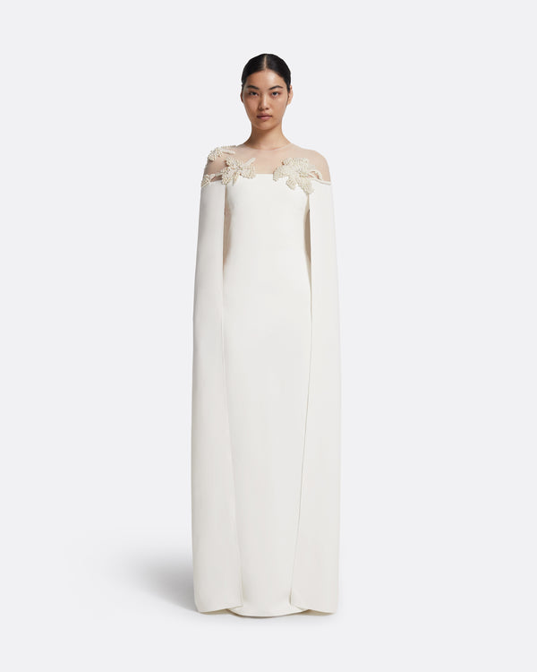 safiyaa Ambere Long Dress in Ivory with Pearl Embroidery