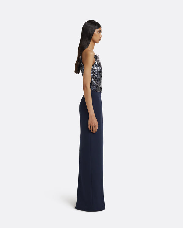 Safiyaa Amory Long Dress In Navy & Silver On Maritime Blue
