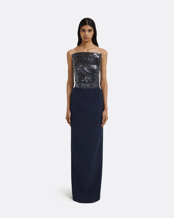 safiyaa Amory Long Dress in Navy & Silver on Maritime Blue