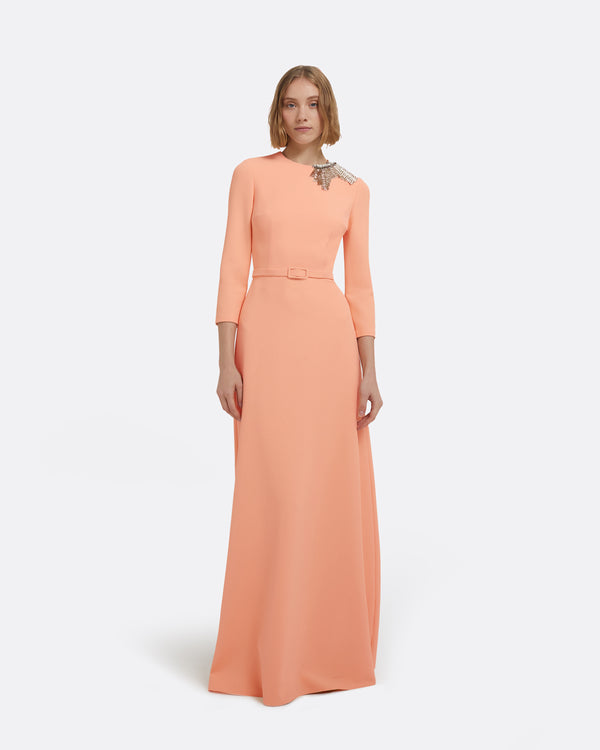 safiyaa Aspen Long Dress in Apricot With Gunmetal Embellishment