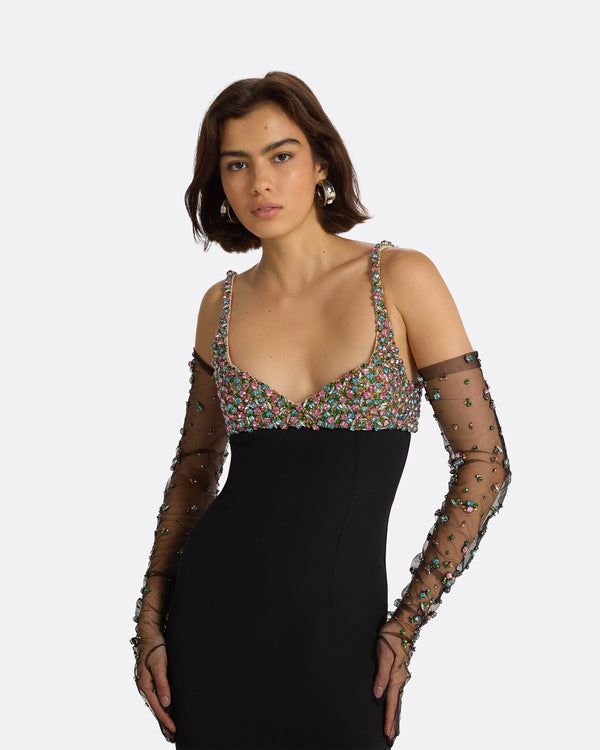 Safiyaa Astin Black Crystal Trim Embroidered Gloves