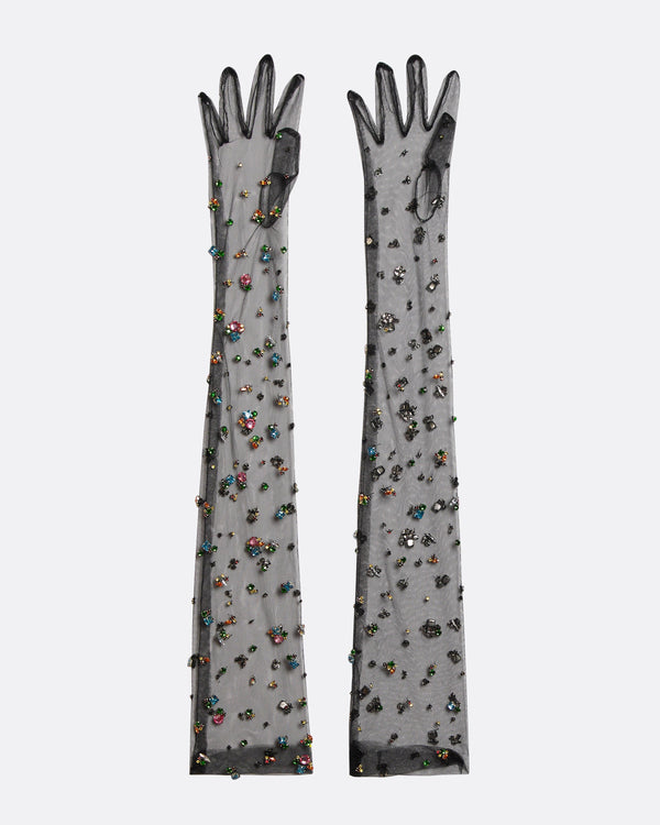 safiyaa Astin Black Crystal Trim Embroidered Gloves