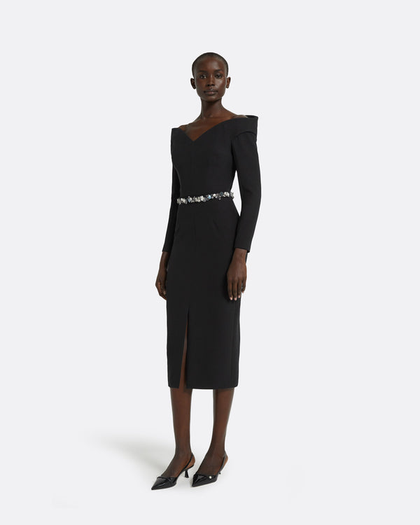 Safiyaa Asuman Black Midi Dress With Embroidered Belt