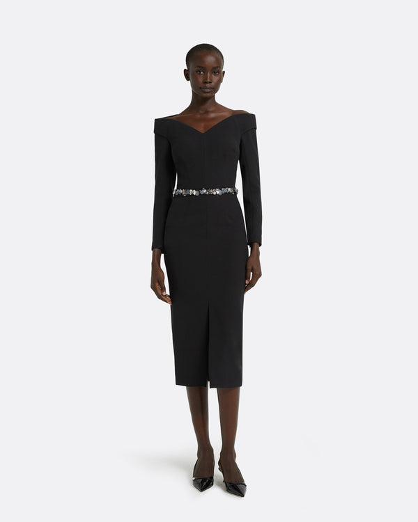safiyaa Asuman Black Midi Dress With Embroidered Belt