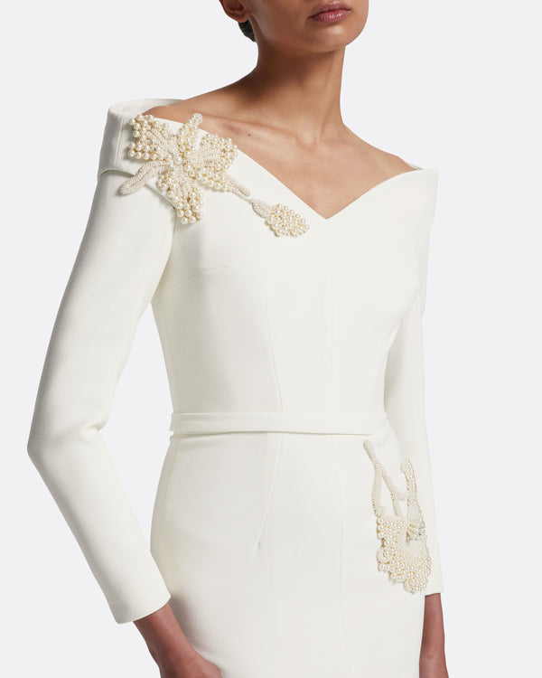 Safiyaa Asuman Midi Dress In Ivory With Pearl Embroidery