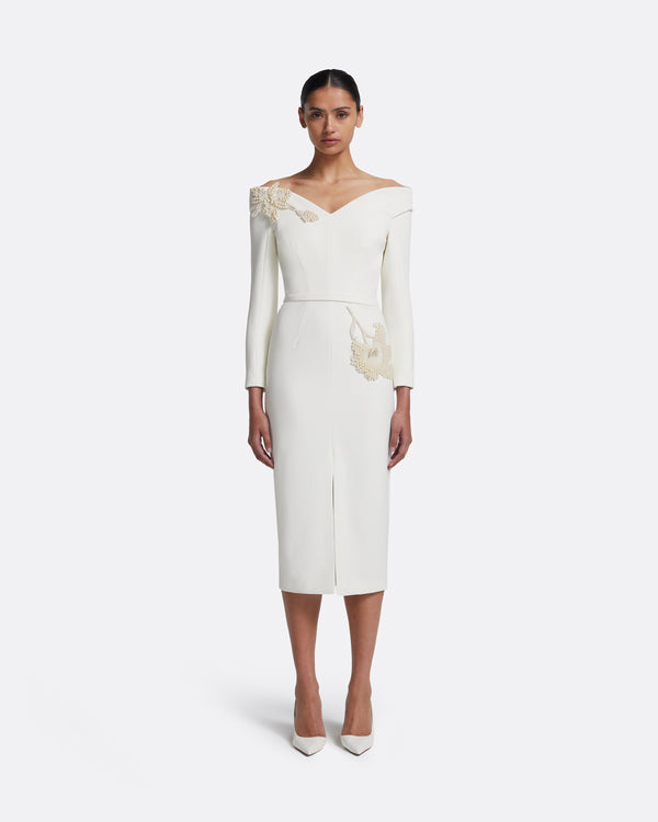safiyaa Asuman Midi Dress in Ivory with Pearl Embroidery