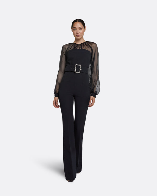 safiyaa Aternia Black Jumpsuit With Embroidered Buckle Belt