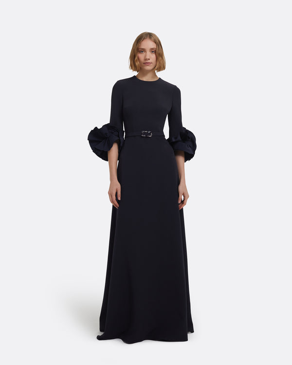 safiyaa Belen Long Dress in Midnight Navy with Embellished Belt