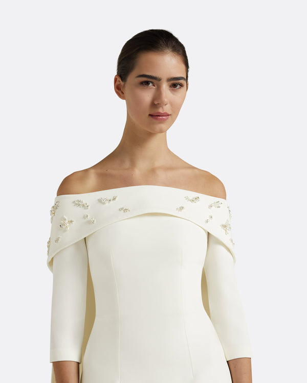 Safiyaa Bellara Pearl Floral Embroidered Ivory Harness & Soshin Dress