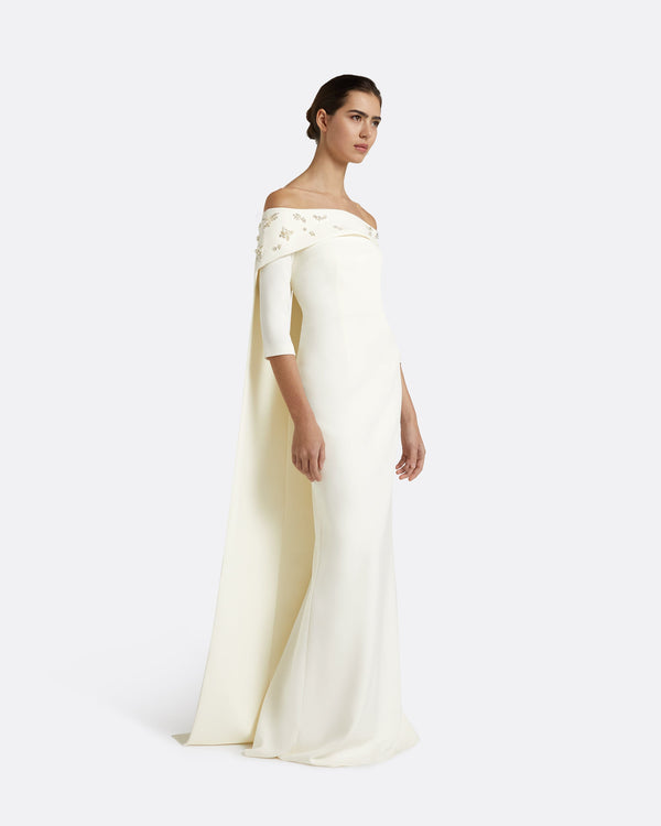 Safiyaa Bellara Pearl Floral Embroidered Ivory Harness & Soshin Dress