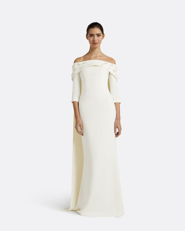 safiyaa Bellara Pearl Floral Embroidered Ivory Harness & Soshin Dress