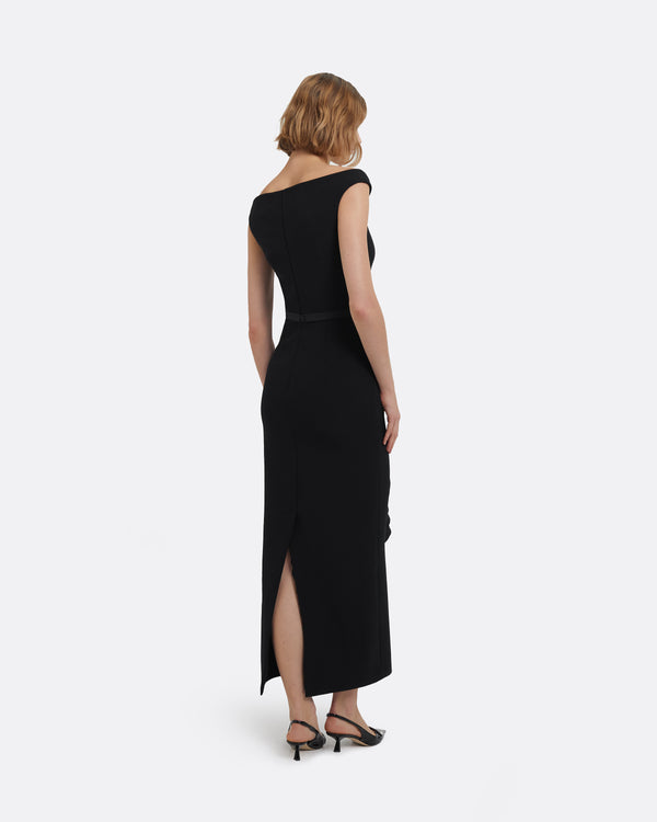 Safiyaa Bree Midi Dress In Black With Embellished Belt