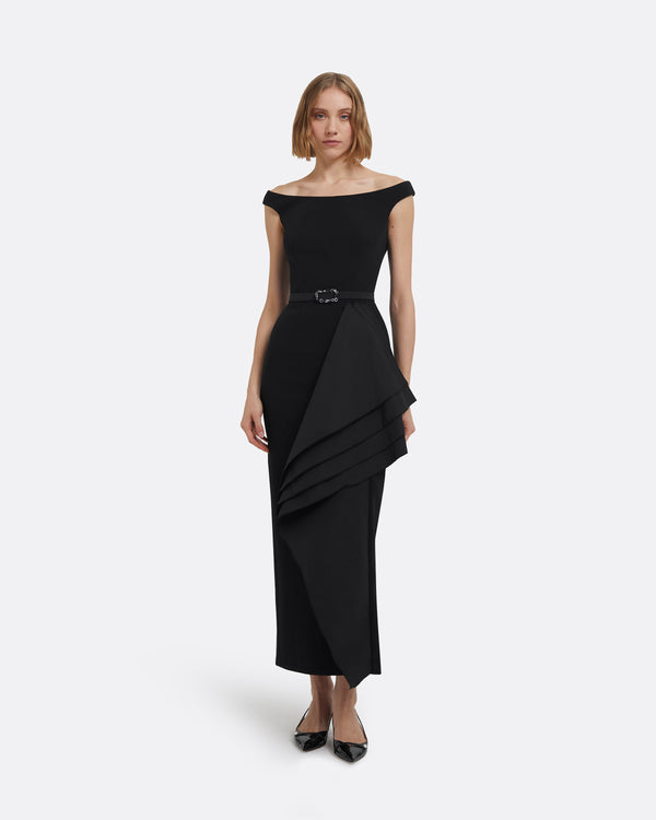 safiyaa Bree Midi Dress in Black with Embellished Belt