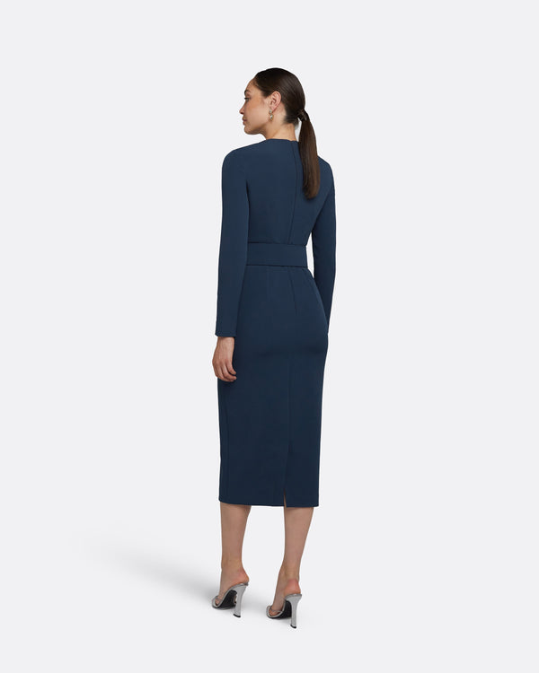 Safiyaa Brunna Ink Blue Midi Dress With Embroidered Belt