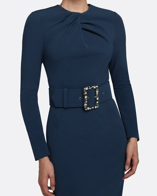 Safiyaa Brunna Ink Blue Midi Dress With Embroidered Belt