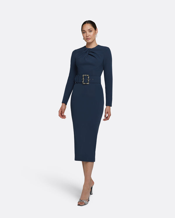 Safiyaa Brunna Ink Blue Midi Dress With Embroidered Belt