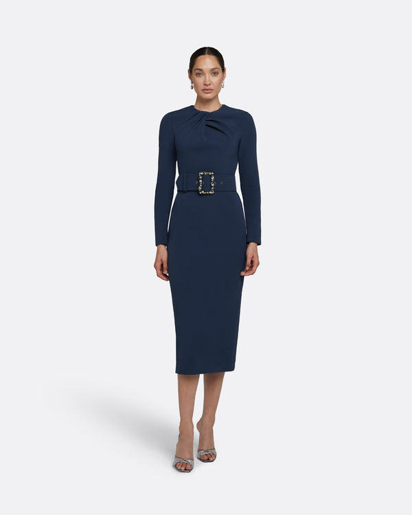 safiyaa Brunna Ink Blue Midi Dress With Embroidered Belt