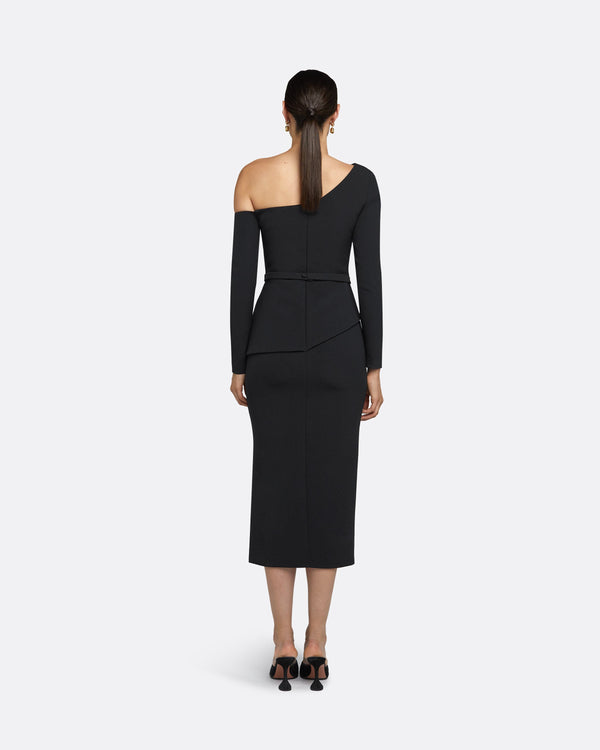 Safiyaa Constanza Black Midi Dress With Embroidered Belt