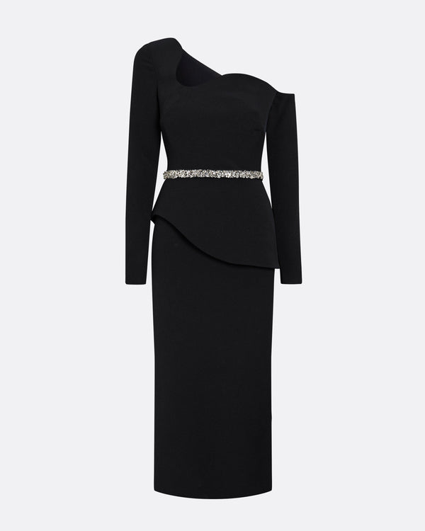 Safiyaa Constanza Black Midi Dress With Embroidered Belt