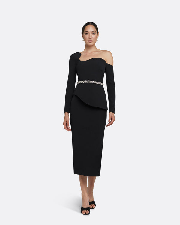 safiyaa Constanza Black Midi Dress With Embroidered Belt