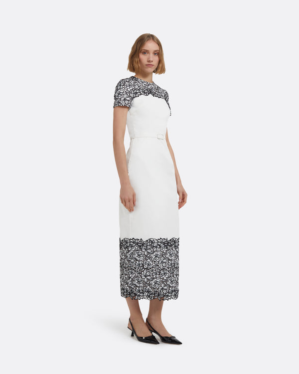 Safiyaa Dayanara Midi Dress In Ivory With Black Guipure Lace