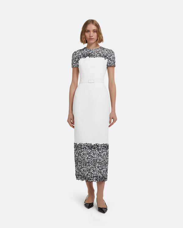 safiyaa Dayanara Midi Dress in Ivory with Black Guipure Lace