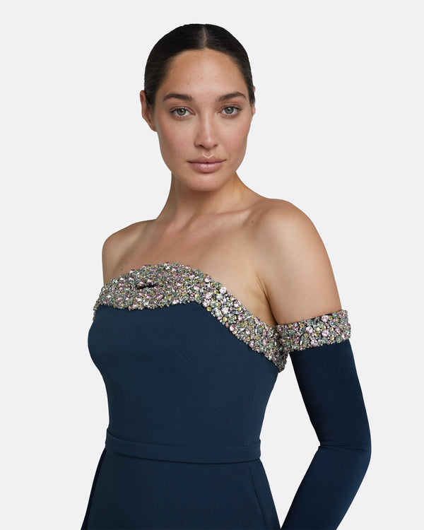 Safiyaa Donatella Ink Blue Long Dress With Antonia Gloves