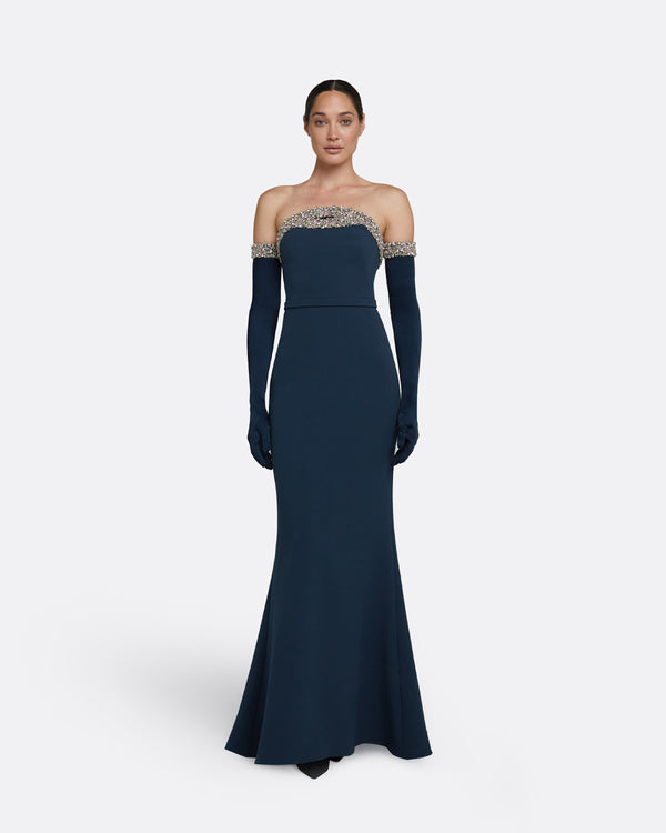 safiyaa Donatella Ink Blue Long Dress With Antonia Gloves