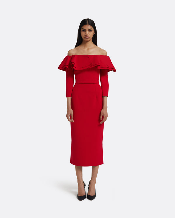 safiyaa Dorian Midi Dress in Lacquer Red on Crimson