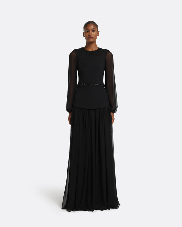 safiyaa Finley Long Dress in Black & Embellished Belt