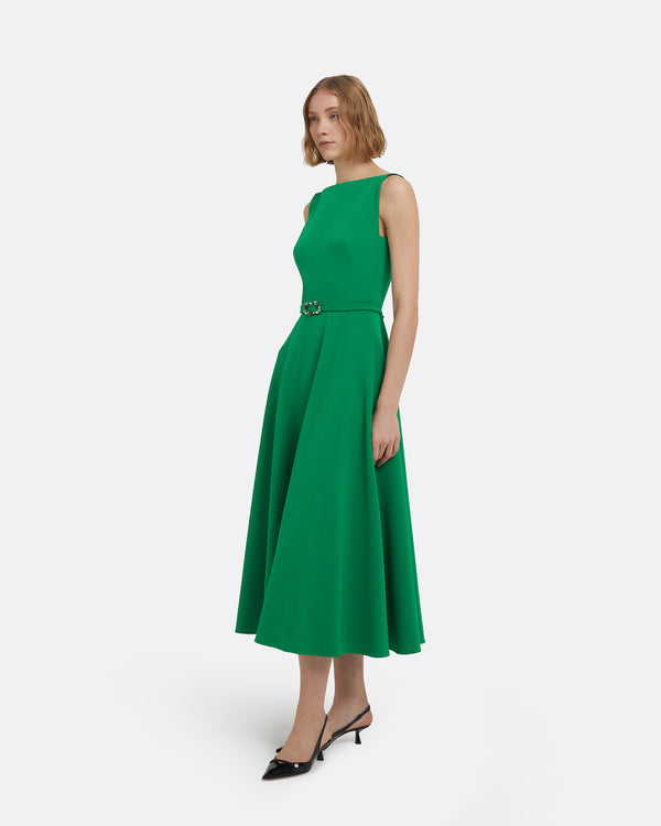 Safiyaa Ginny Midi Dress In Jewel Green With Embellished Belt