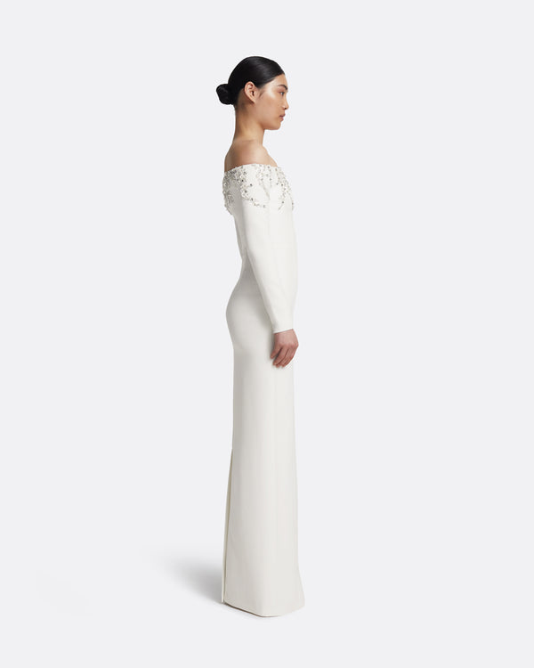 Safiyaa Gioia Long Dress In Ivory With Crystal Embroidery