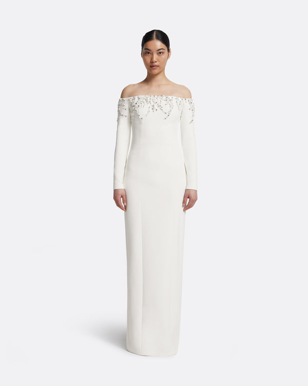 safiyaa Gioia Long Dress in Ivory with Crystal Embroidery