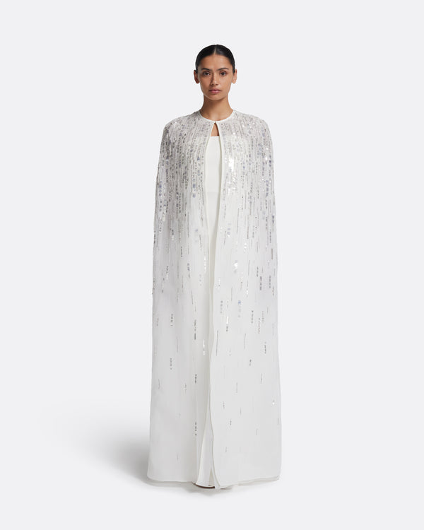 safiyaa Greta Cape in Ivory with Crystal Embellishment