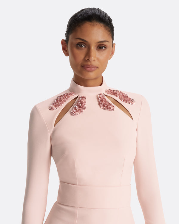 Safiyaa Kamala Pale Pink & Curled Leaf Embroidery Long Dress