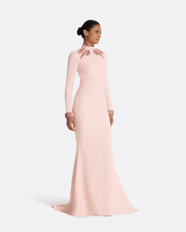Safiyaa Kamala Pale Pink & Curled Leaf Embroidery Long Dress